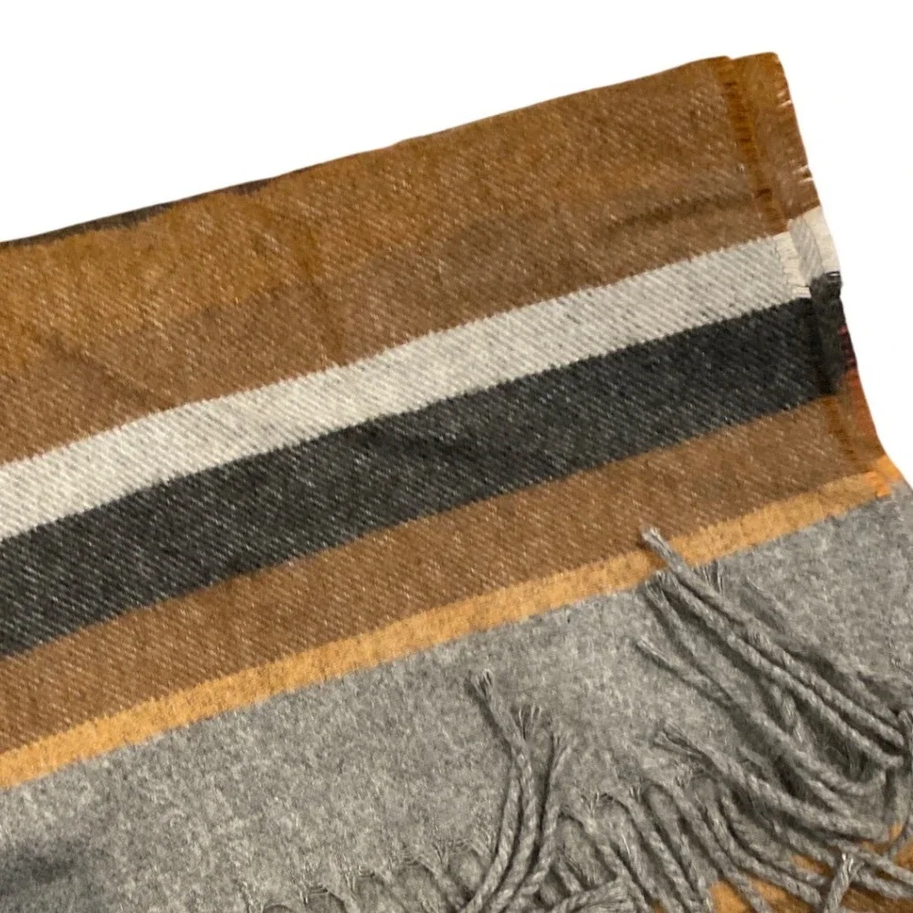 Striped Acrylic Scarf Shawl Fringed Tan Brown Grey White Made in Germany Unisex‎